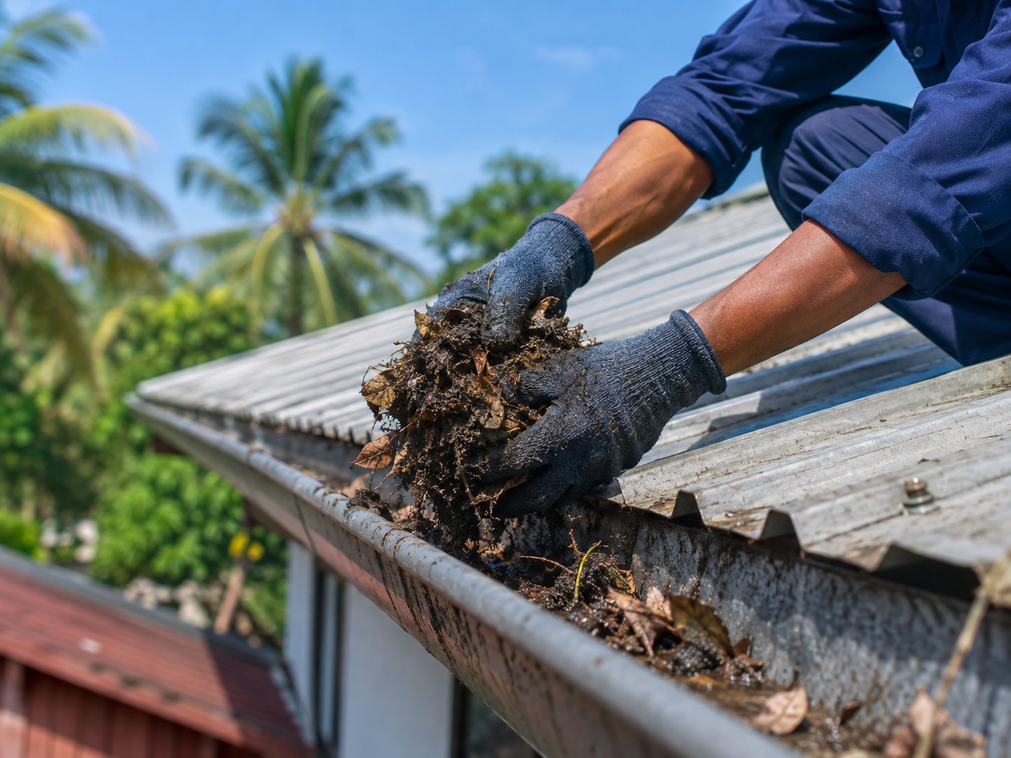 Technician removing debris from a roof gutter